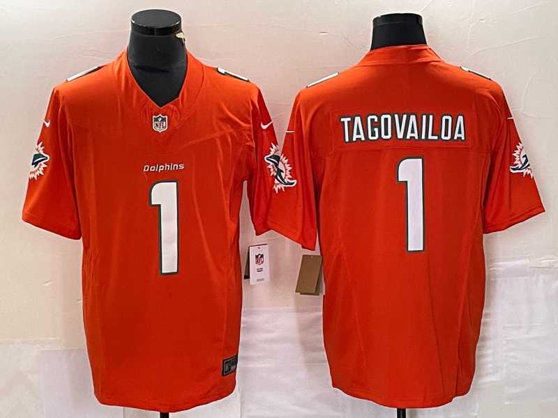 Mens Miami Dolphins #1 Tua Tagovailoa Orange 2023 FUSE Vapor Stitched Jersey->->NFL Jersey